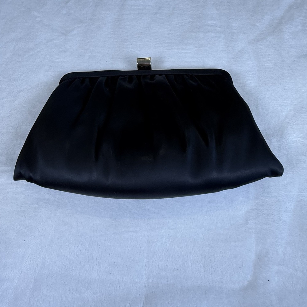Vintage Andé Black Satin Evening Clutch Purse Gold Tone Chain Formal Handbag